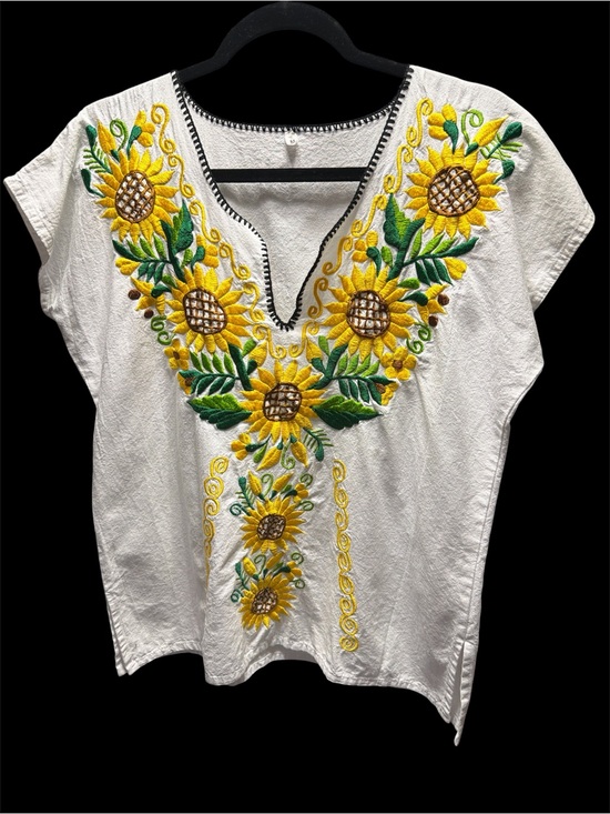 no brand Tops - Sunflower Embroidered V-Neck Cotton Tunic - White/Yellow